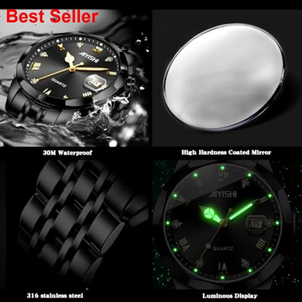 Stainless Steel Dress Watch with Roman Numerals Diamond Dial Waterproof